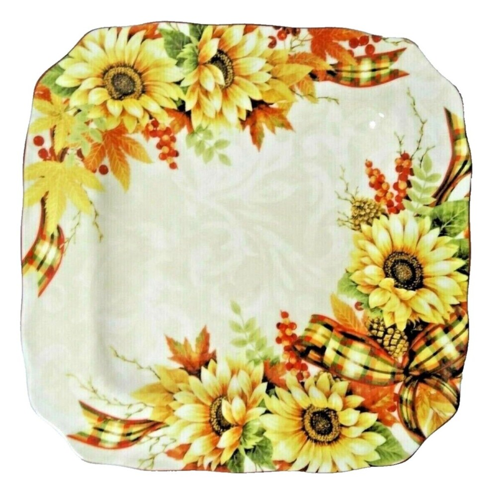 Coventry Harvest Square Plate Autumn Yellow Daisy Ribbon Ceramic 11-in Sq. NEW